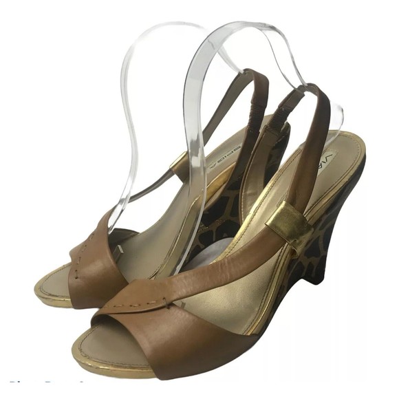Via Spiga Camel and Gold Leather Slingback Cheetah Print Wedge Heels Size 9M - Picture 5 of 12